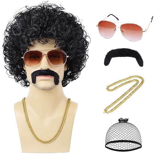 Juego de 5 pelucas de discoteca para hombre de los años 70 y 80 (anteojos, cadena dorada, bigote + gorra de peluca), pelucas cortas afro rizadas