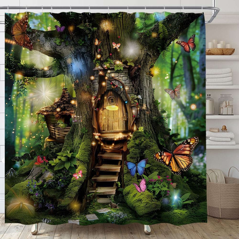 Enchanted Forest Shower Curtain Fantasy Magic Tree House Fairy Tales Butterfly Green Tree Meadow Bathroom Curtain Fabric with Hooks(70" Wx84 H)