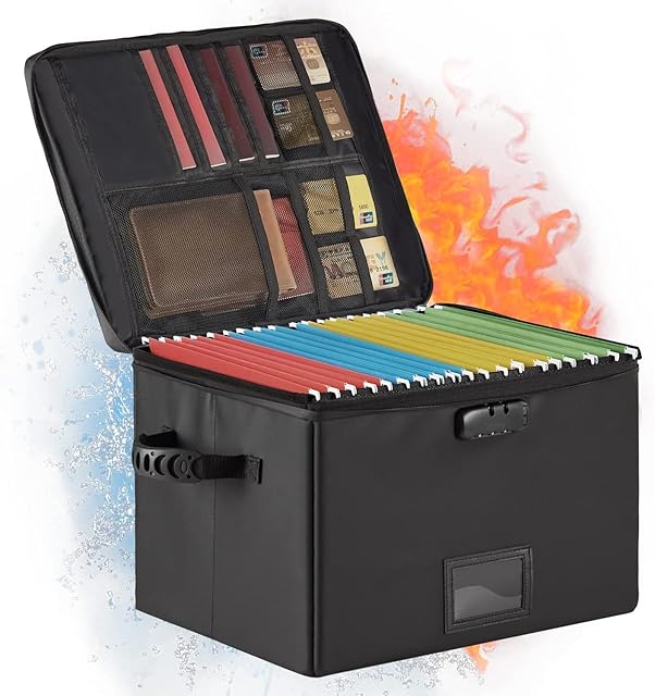 Fireproof Document Box, Fireproof File Box with Lock, Collapsible File Storage Box with Zippers and Inserts Bag, Portable Home Office Safe Box for Letter/Legal Folder(NOT Dividers)