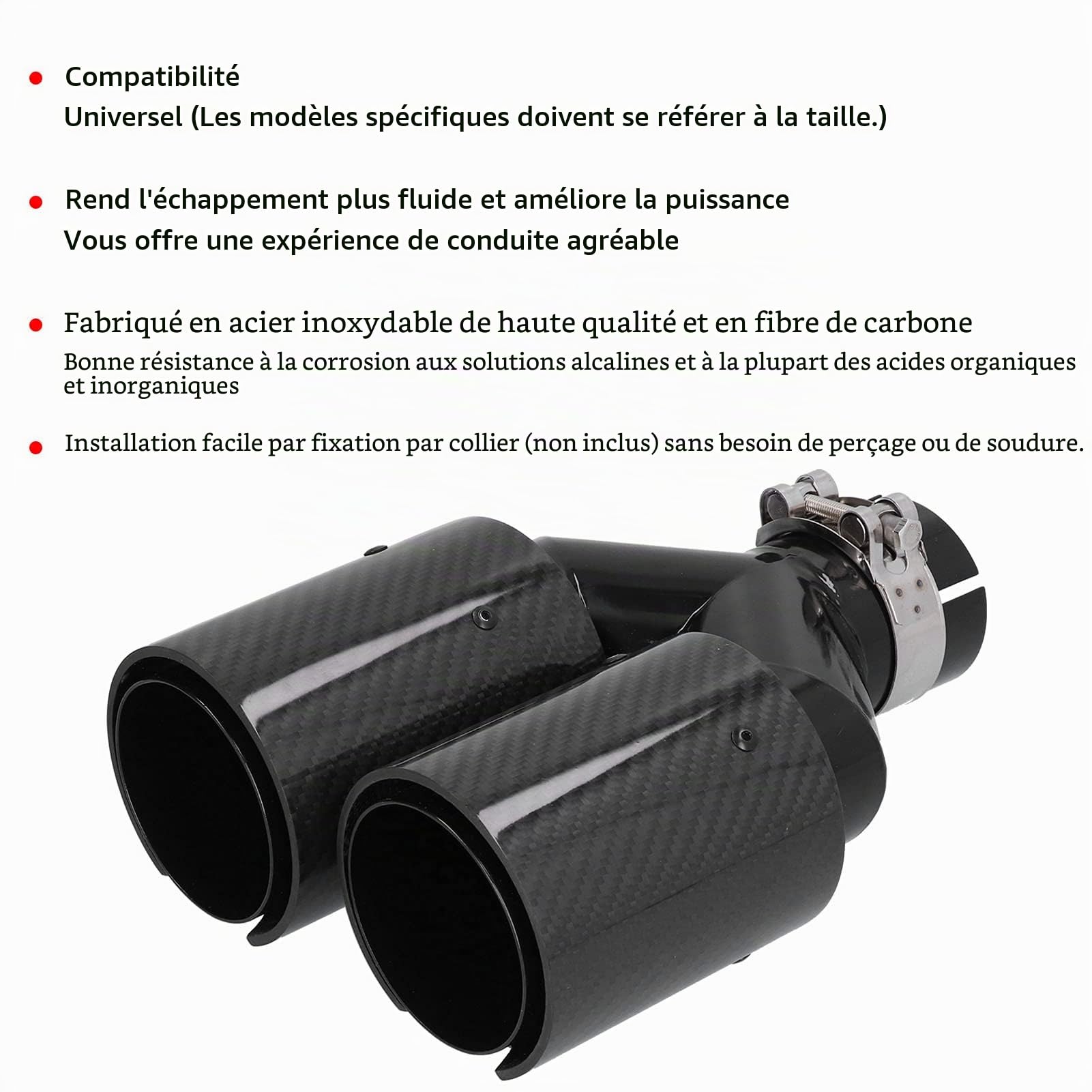 Embout d'échappement en Y Double Sortie 63-93mm Côté Gauche Carbone Aspect Noir Mat Acier Inoxydable