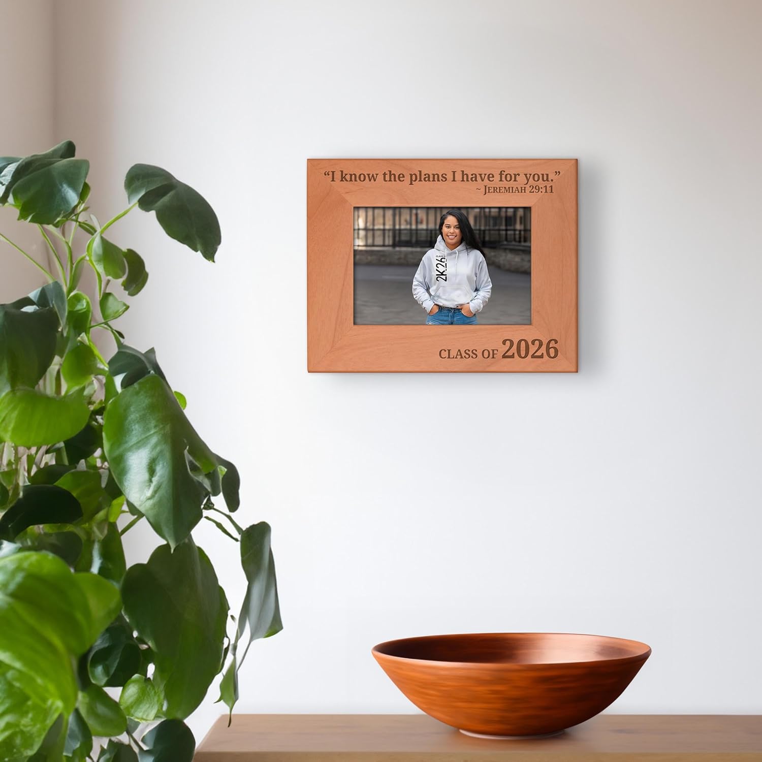 Personalized Gifts Seniors 2026 Christian Verse Class of 2026 Natural Wood Laser Engraved Landscape 4x6 Picture Frame