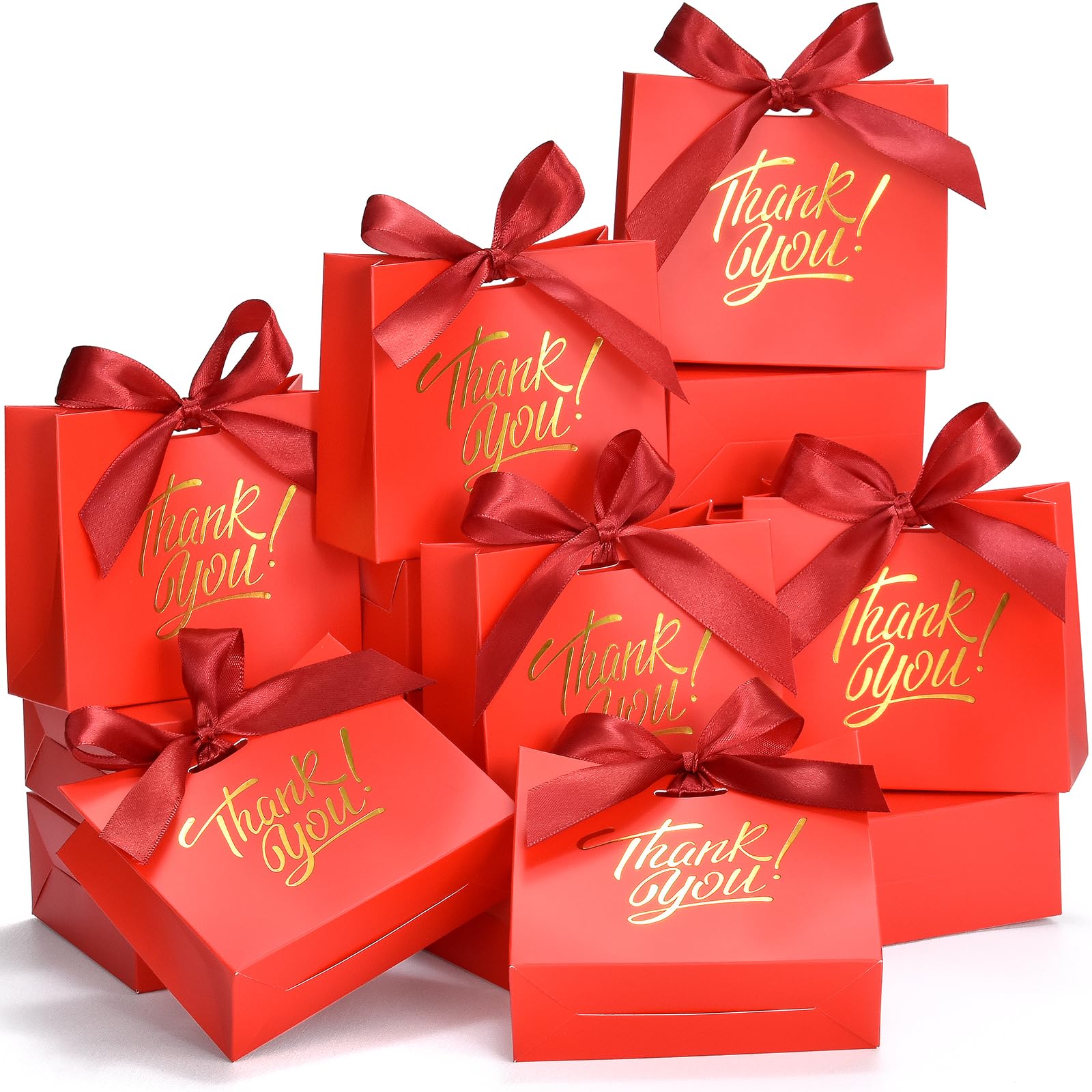 EQOREIIN Small Gift Bags, 25 Pack 4.5x1.8x3.9 Inches Mini Thank You Bags Red Kraft Paper Gift Bag with Bow Ribbon, Small Candy Bags for Birthday