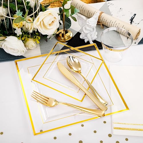 Miniatura 5 de Festiva 176 platos de plástico transparente y dorado, platos cuadrados transparentes con ribete dorado, vajilla dorada transparente para 25