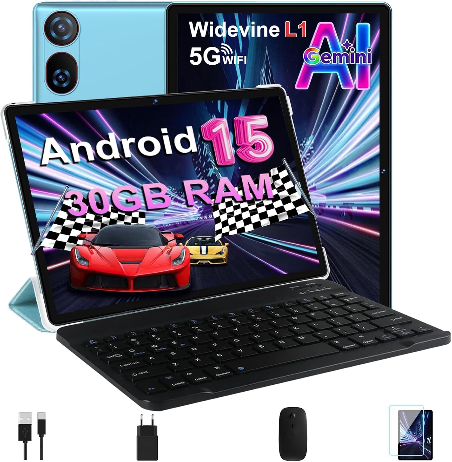 DMOAO Tablet 10 Pollici Android 15 con 30 GB RAM + 2TB ROM Espansione, FHD Tablet con Tastiera e Mouse, 5G Wi-Fi, GPS, Widevine L1, Octa-Core, USB-C, BT 5.0, 6000 mAh, 8MP+5MP, Gemini AI, Blu