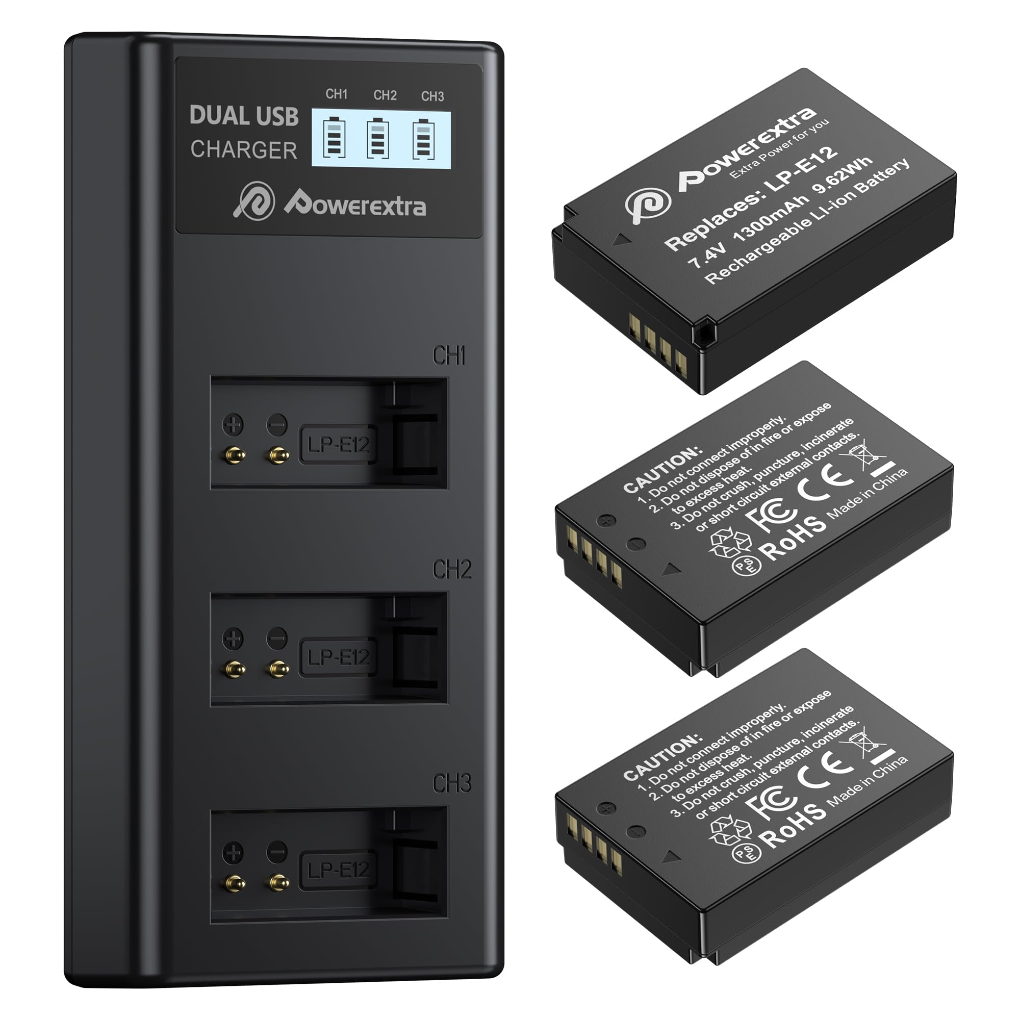 3 Pack LP-E12 1300mAh Battery and USB Charger Smart LCD Display
