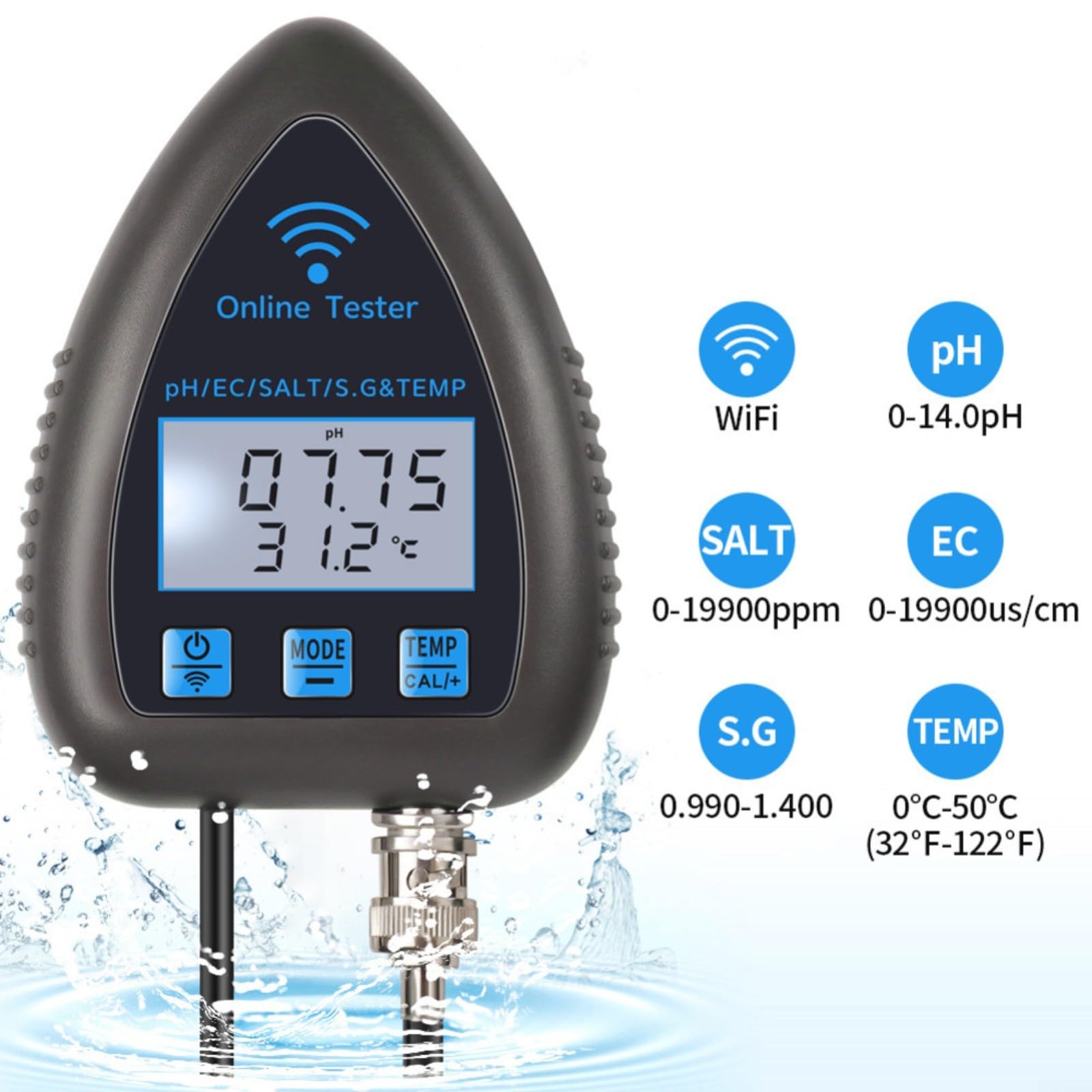 Per Tuya 5-in-1 WiFi PH Monitor e Tester di Qualità Dell'Acqua Con Salinità, Gravità Specifica, Sensori di Temperatura Per Acquari, Laghetti Di Pesci, Idroponica (WF9953)