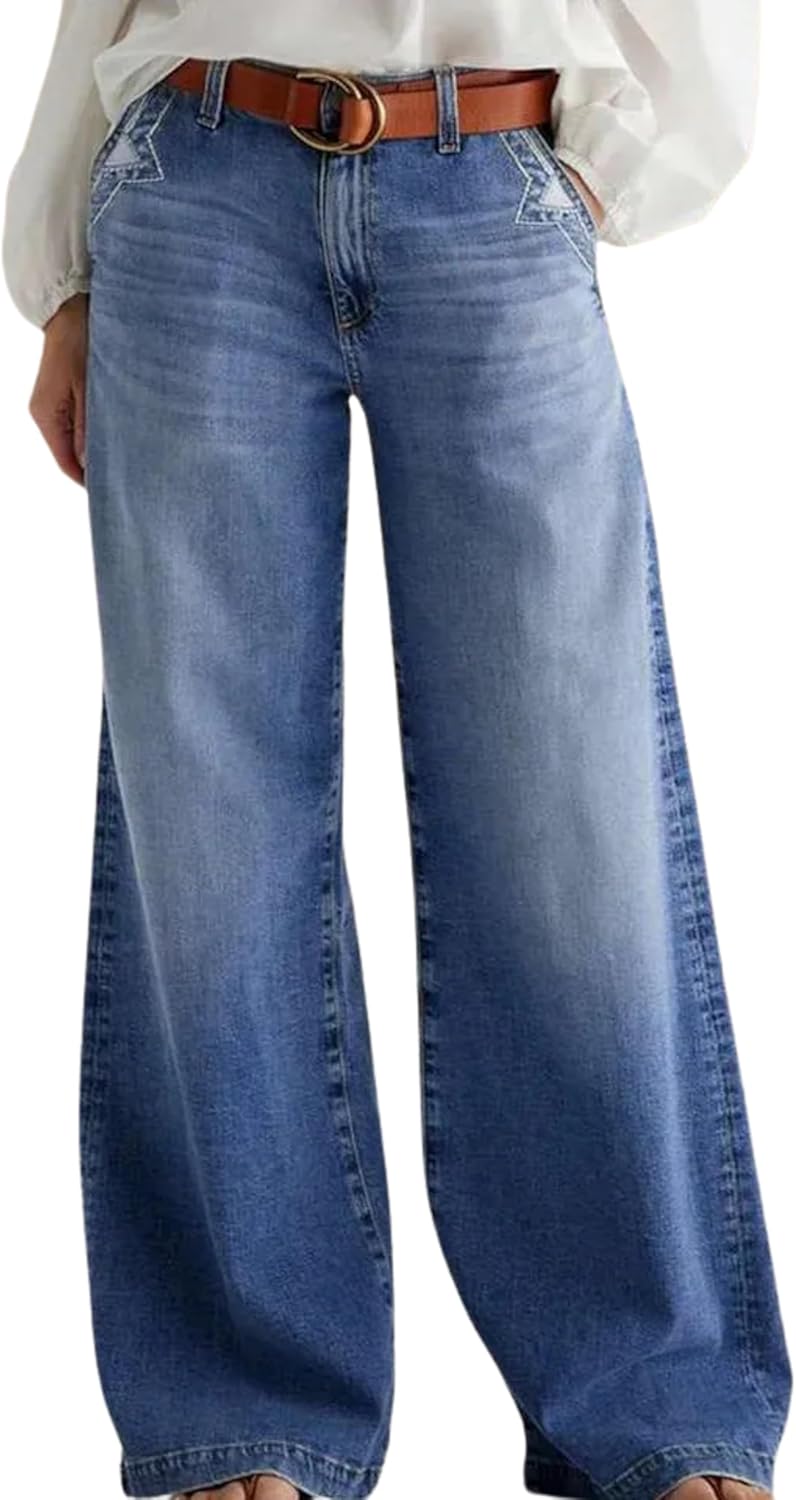 Women's High Waisted Wide Leg Jeans Star Embroidery Pocket Relaxed Fit Straight Leg Denim Pants Vintage Washed Baggy Trousers