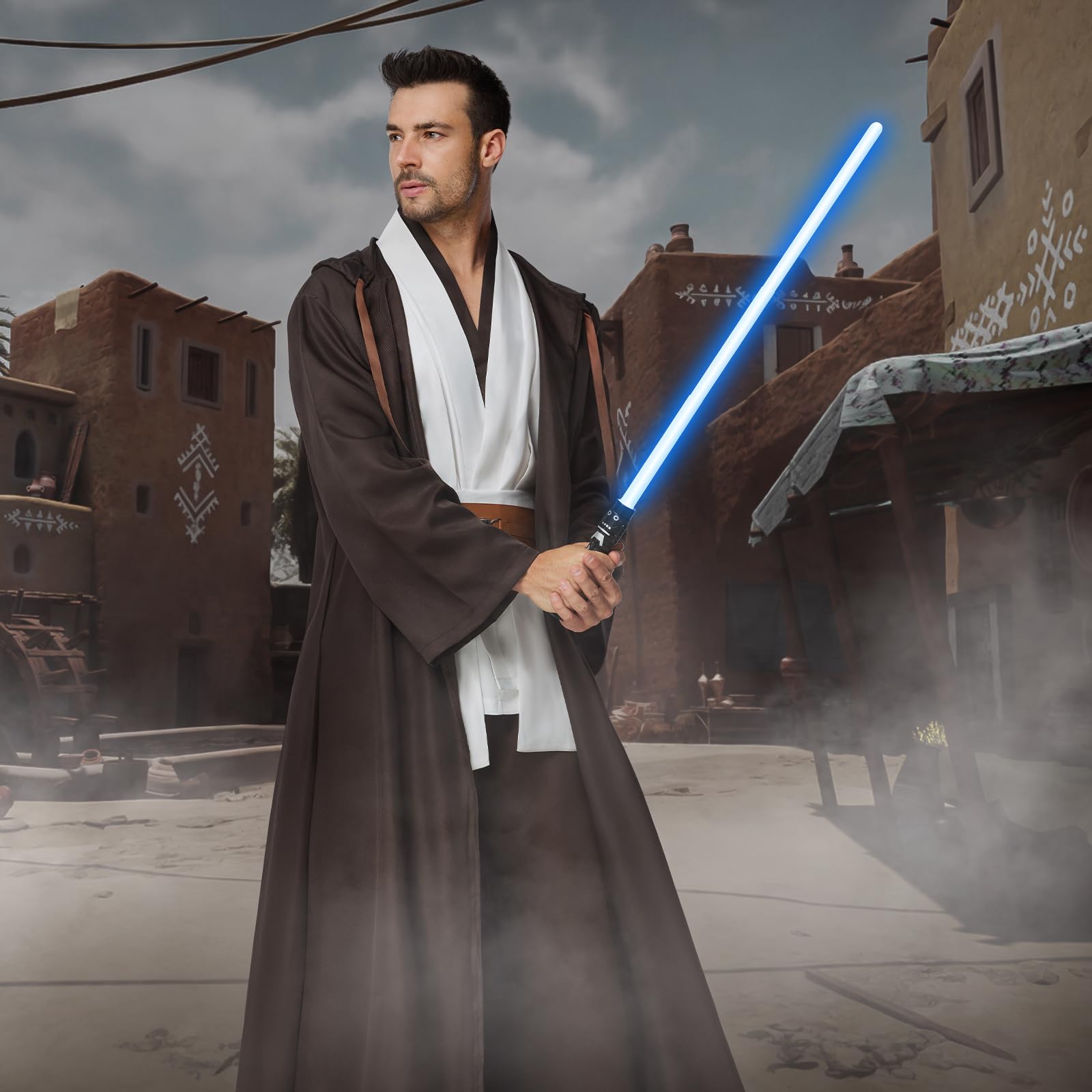 IEEILULU Kostium Jedi dla mężczyzn, średniowieczna sukienka Jedi dla mężczyzn, kostium Jedi z kapturem z niebieskim mieczem laserowym, średniowieczna peleryna i tunika, na Halloween, karnawał