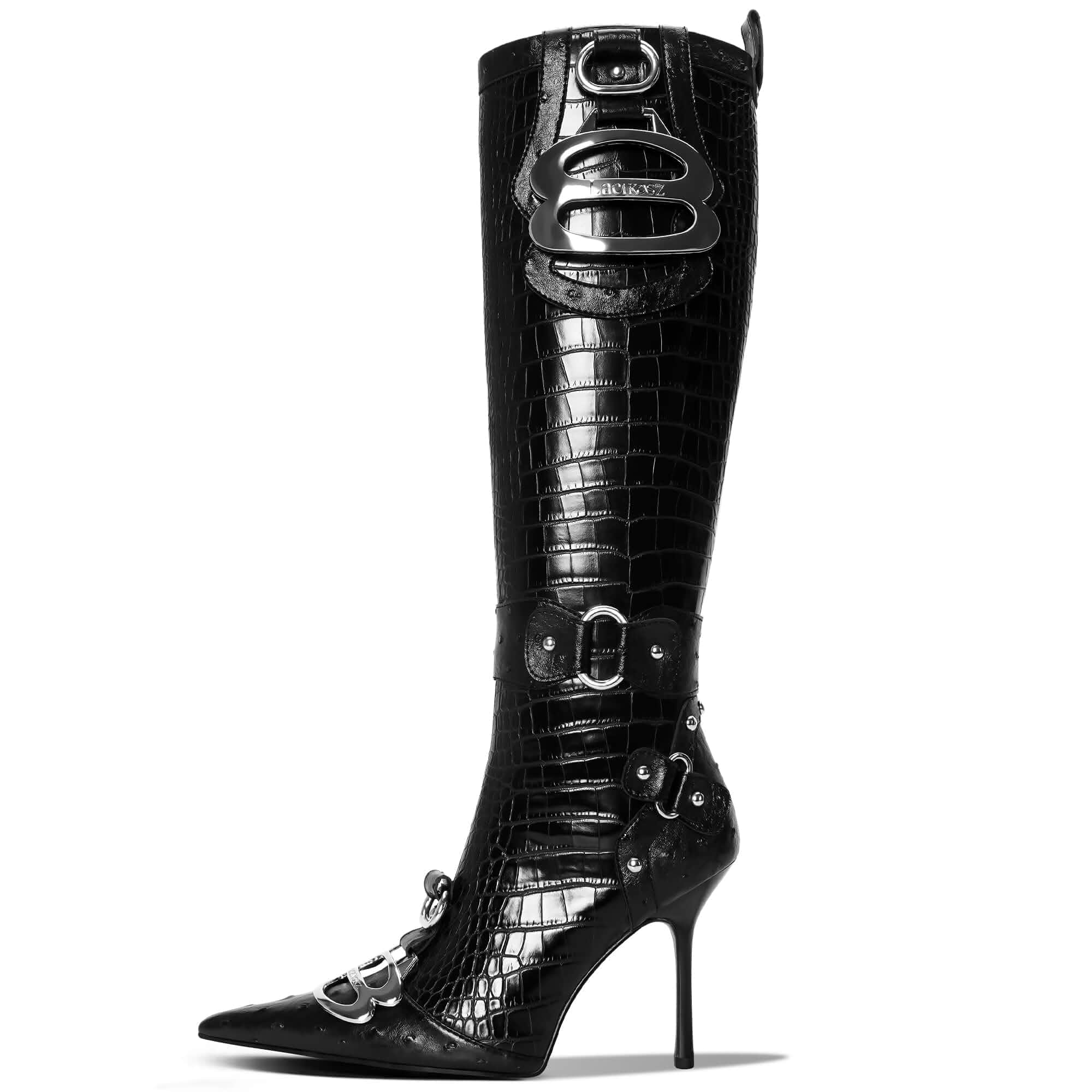 LACIKOSZ Knee High Crocodile Boots for Women Pointed Stiletto Tall Boots Sexy stiletto croc boots,slim leg,3.7in heel,buckle hardware,pointed toe,non-slip sole,Versatile for skirts,shorts or jeans