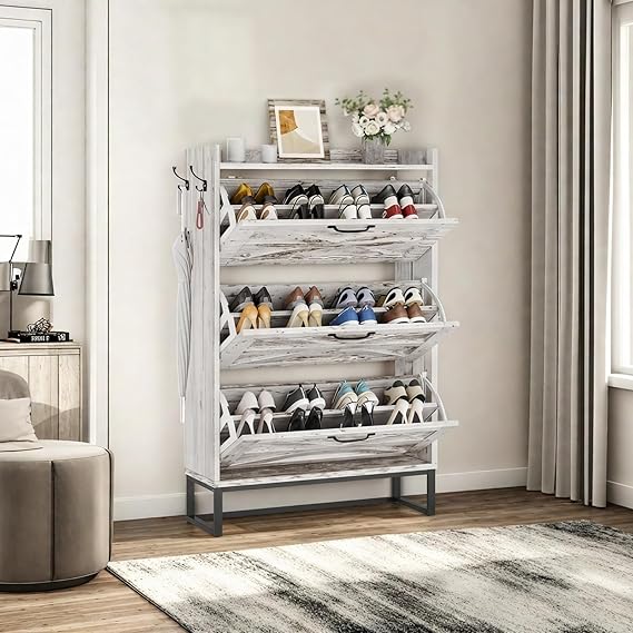 DWVO Farmhouse Shoe Storage Cabinet with 3 Flip Drawers, Freestanding Shoe Organizer for 24 Pairs, Narrow Slim Shoe Rack Cabinet for Entryway, Living Room, Hallway (Embossed White)