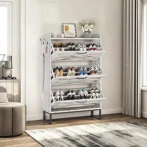 DWVO Farmhouse Shoe Storage Cabinet with 3 Flip Drawers, Freestanding Shoe Organizer for 24 Pairs, Narrow Slim Shoe Rack Cabinet for Entryway, Living Room, Hallway (Embossed White)