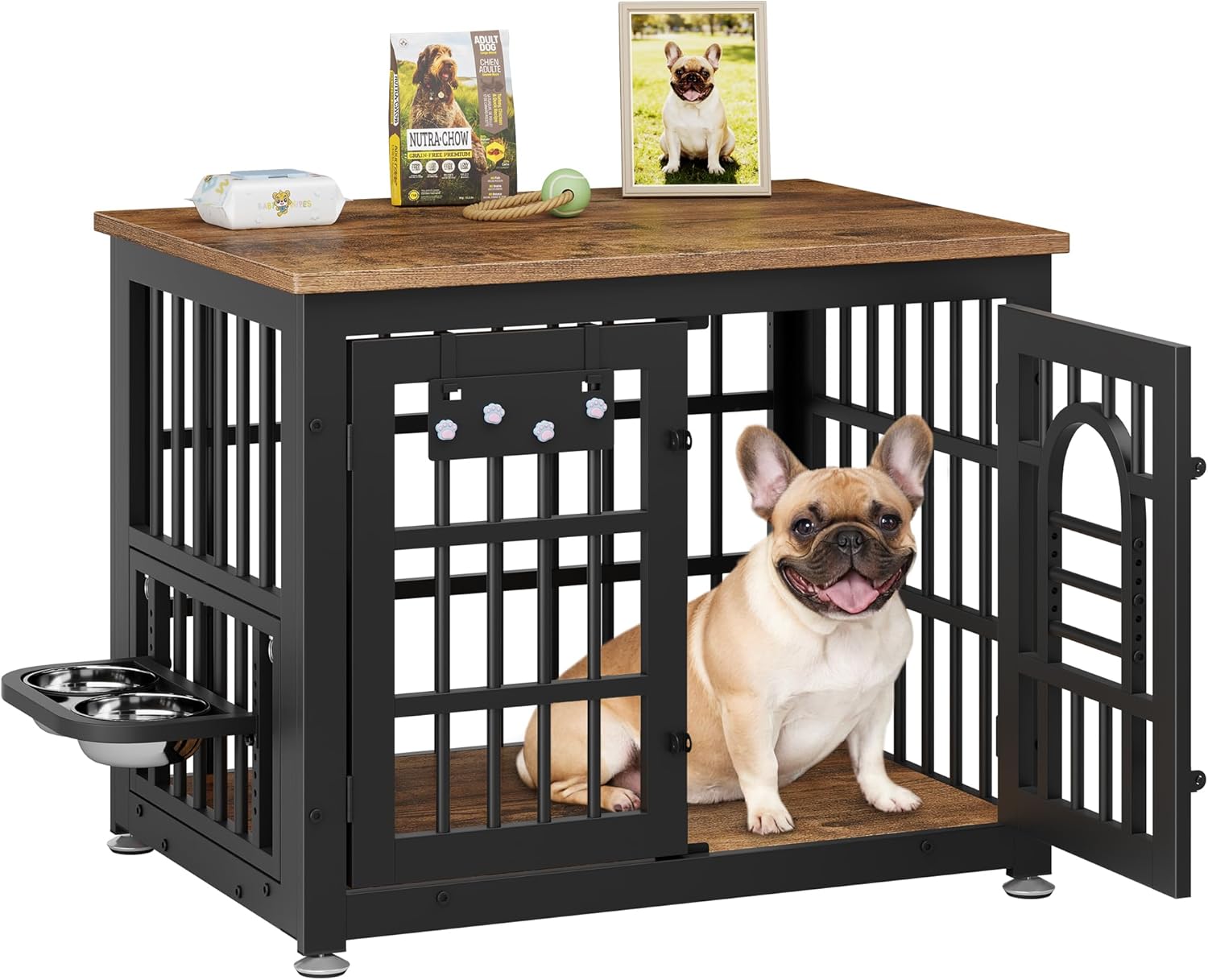 Lulive Dog Crate Furniture 31.5" Wooden Dog Kennel Table with Bowls Heavy Duty Dog Crates for Small/Medium/Large Dogs, Dog Kennel Furniture Indoor as TV Stand End Table,Brown