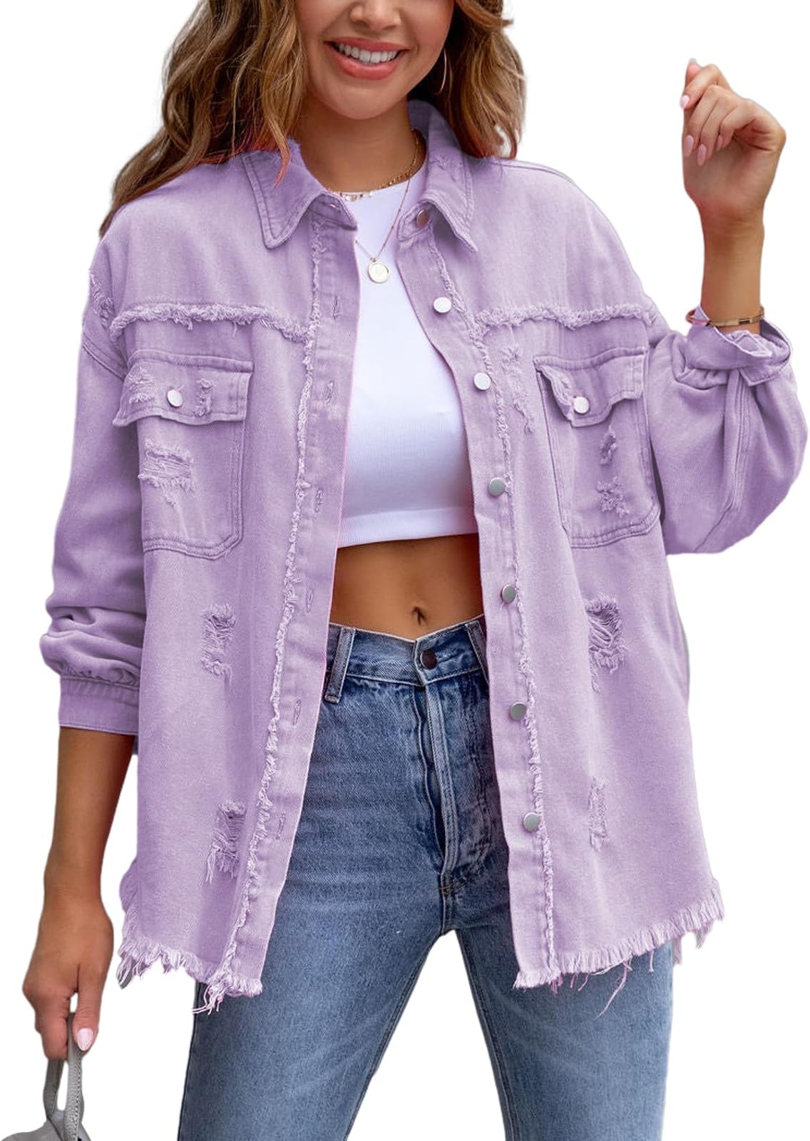 BornpomJean Jacket Womens Denim Jacket Oversized Long Sleeve Denim Shacket Ripped Distressed Coat