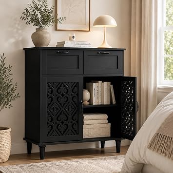 Hollow Carved Accent Cabinet with Two Doors,Buffet cabinets with Storage, Two Drawer Divider Solid Wood Sideboard,Boho Console Cabinets for Living Room, Entryway, Hallway, Kitchen 1 Black