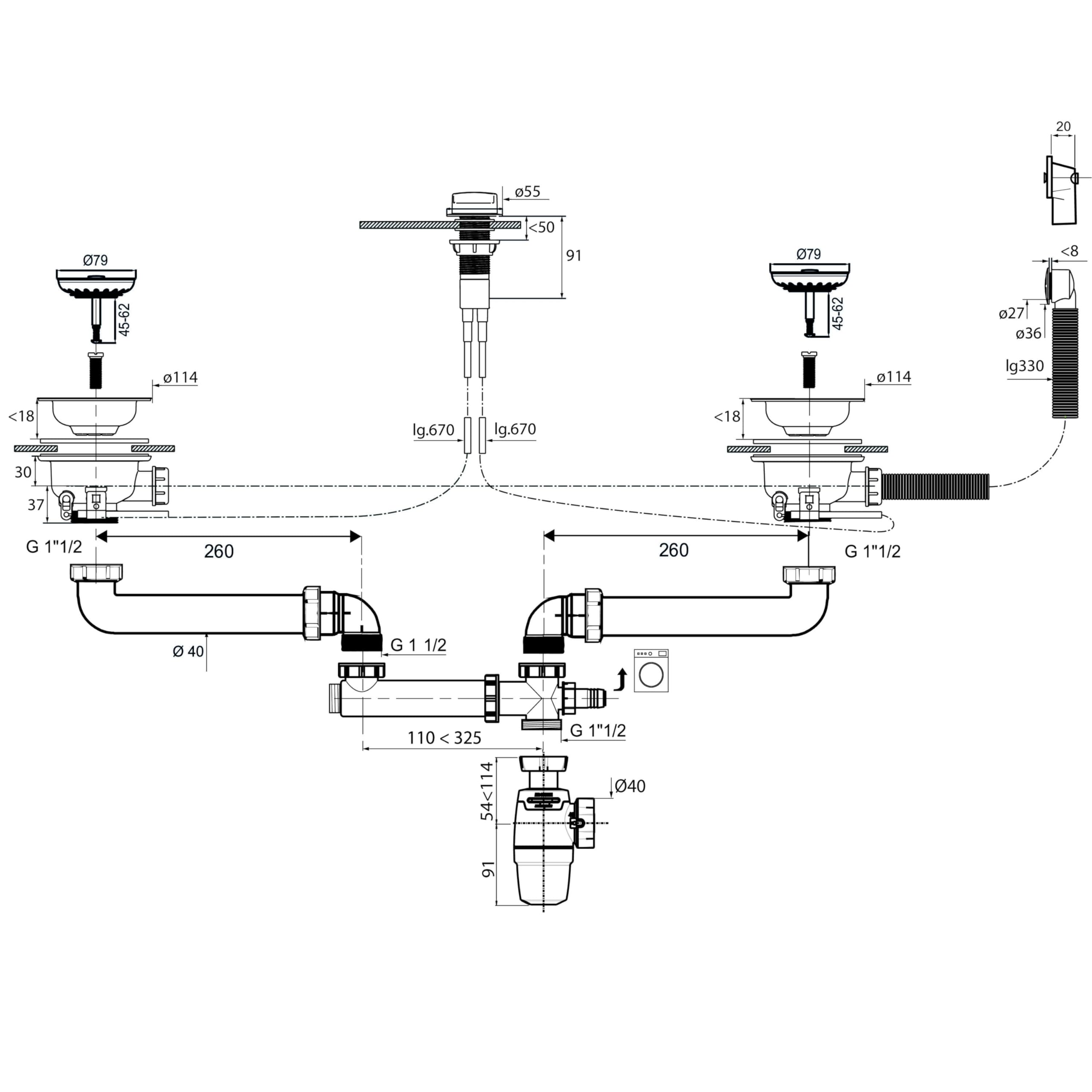 Wirquin 30724378 Ensemble bonde siphon Néo Air blanc évier 2 bacs avec anti-vide intégré, réglable, compact, zéro fuite