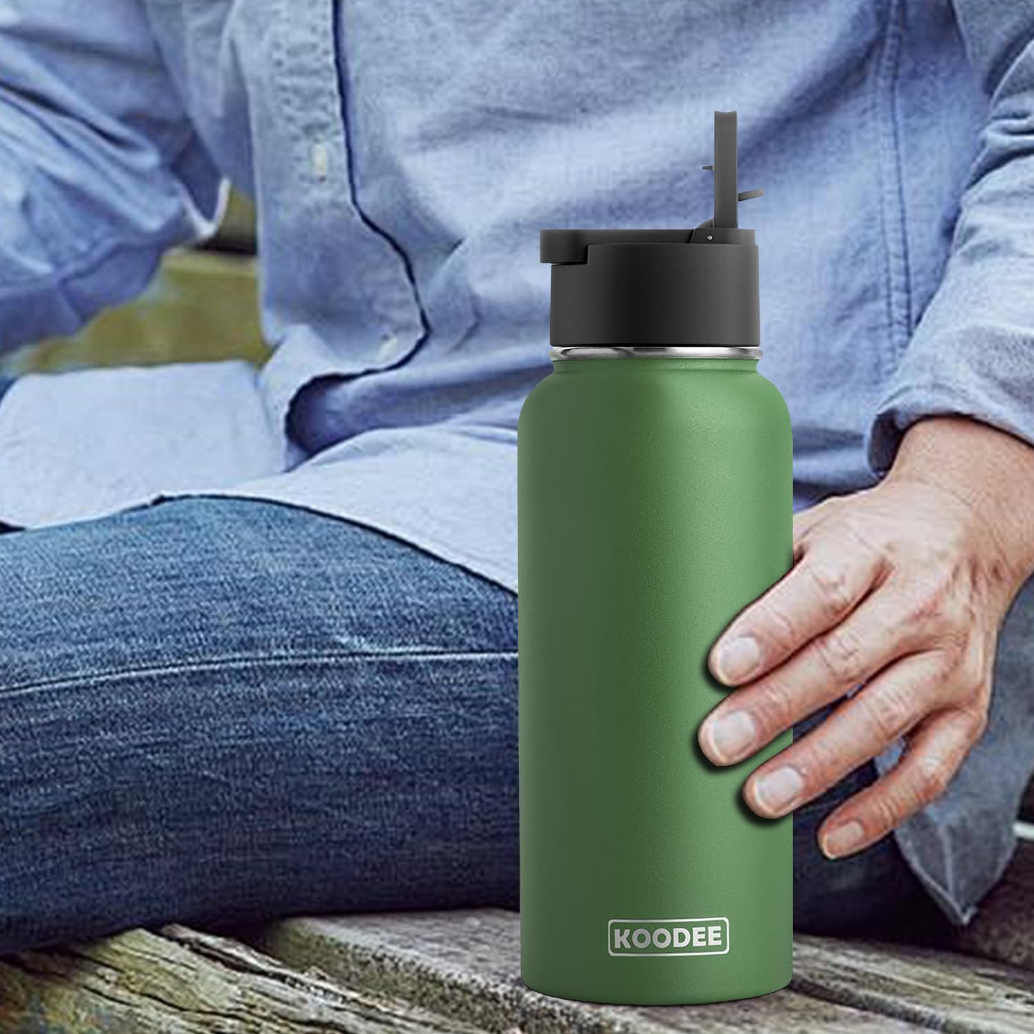 Koodee 32 oz Water Bottle with Wide Handle Straw Lid, Vacuum Insulated 18/8 Stainless Steel Wide Mouth Flask (Grass Green) - Image 5