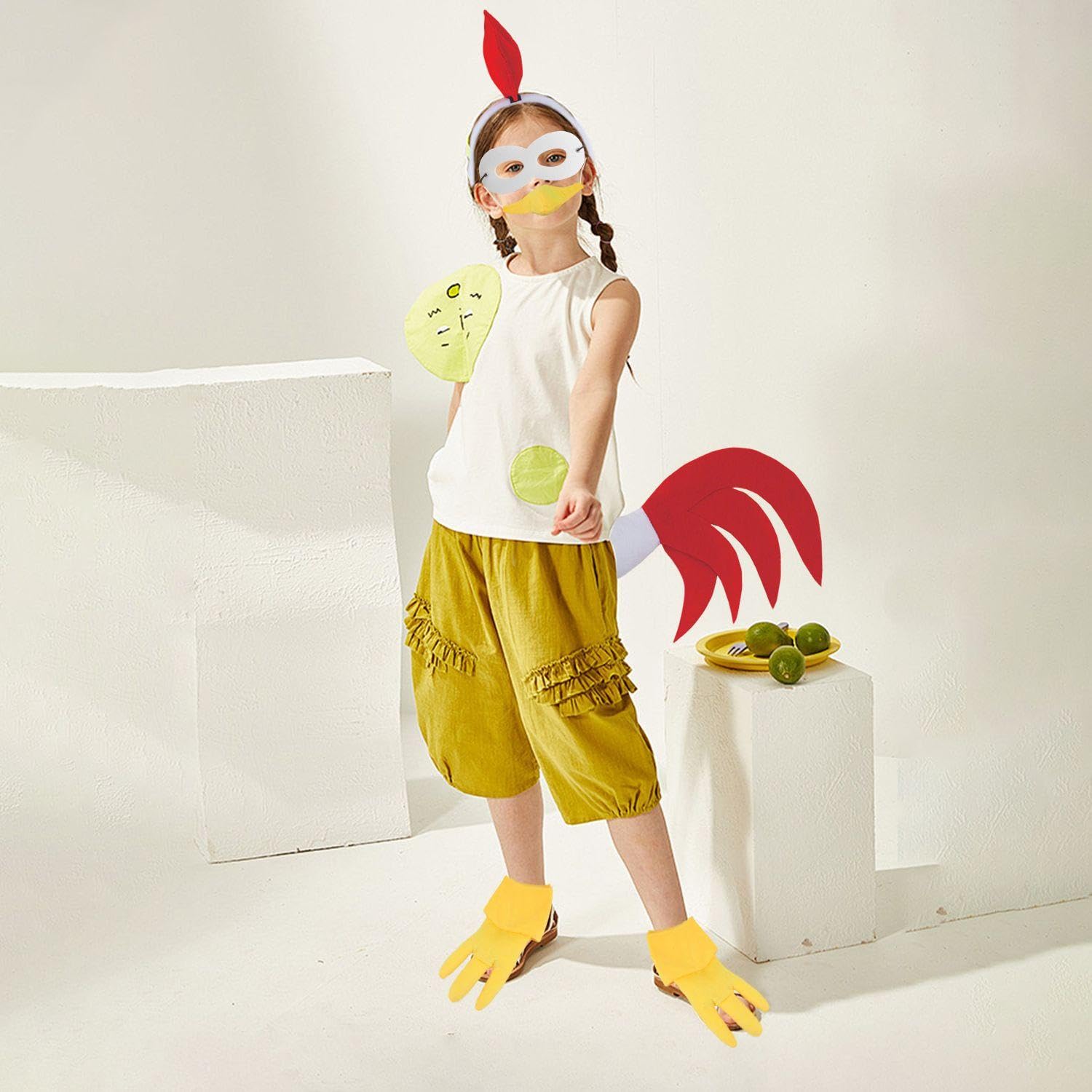 HINFHI 1 Headband, 1 Nose, 2 Chicken Feet, 1 Tail And 1 Mask, Rooster Costume, Role-Playing Props, Red - Image 4