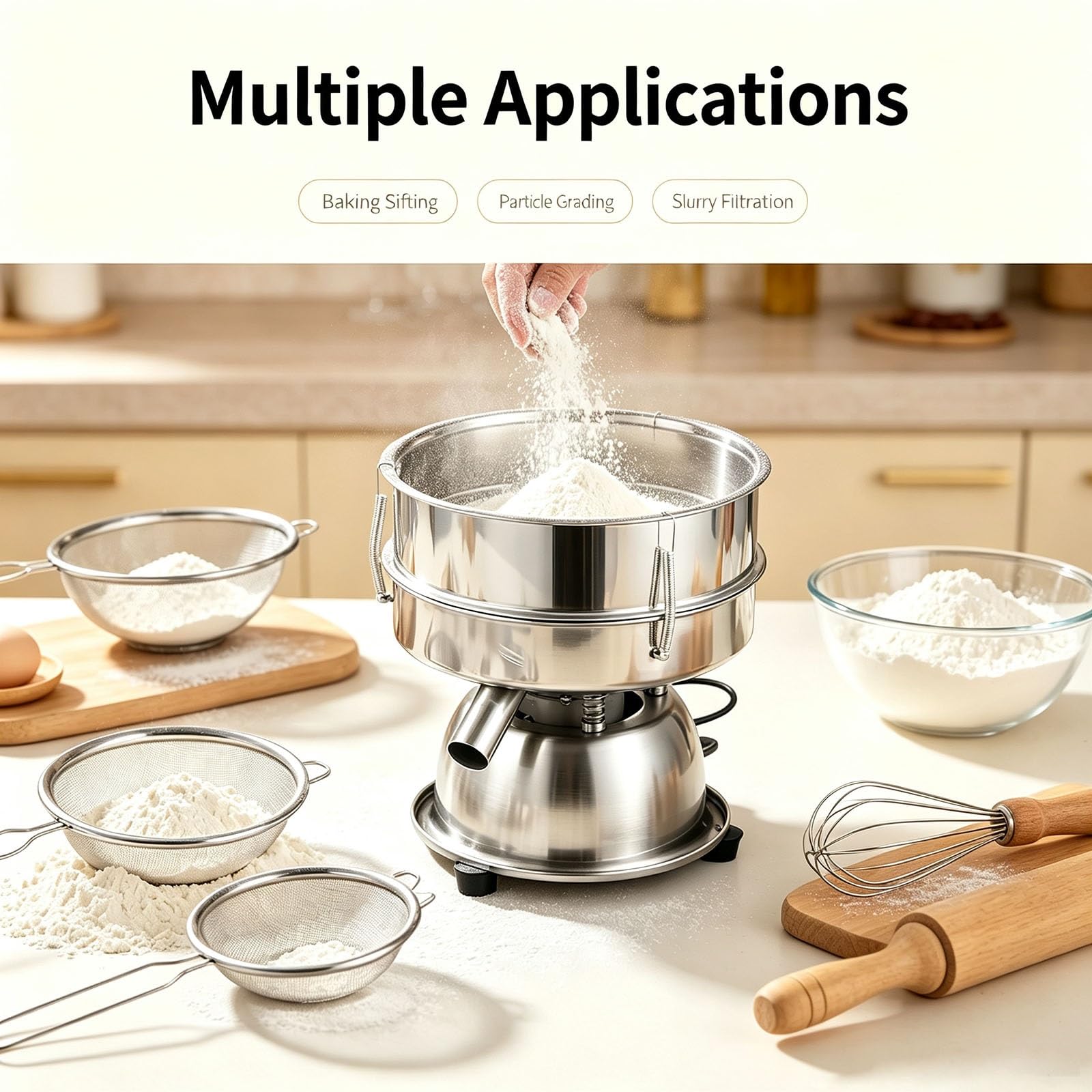 Genérico Mini Tamiz de Polvo Automático Malla 60 for Panadería Cocina | Máquina tamiz vibratorio agitador tamiz opcional for granos polvo granulado