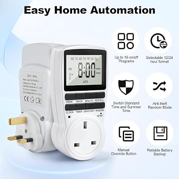 Digital Timer Plug Socket UK, 24h-Week Socket Timer Switch With 16 On-Off Programme LCD Display, Electric Light Switch Repeat Cycle Programmable Plug Timing With Random Mode for Indoor Home Appliances