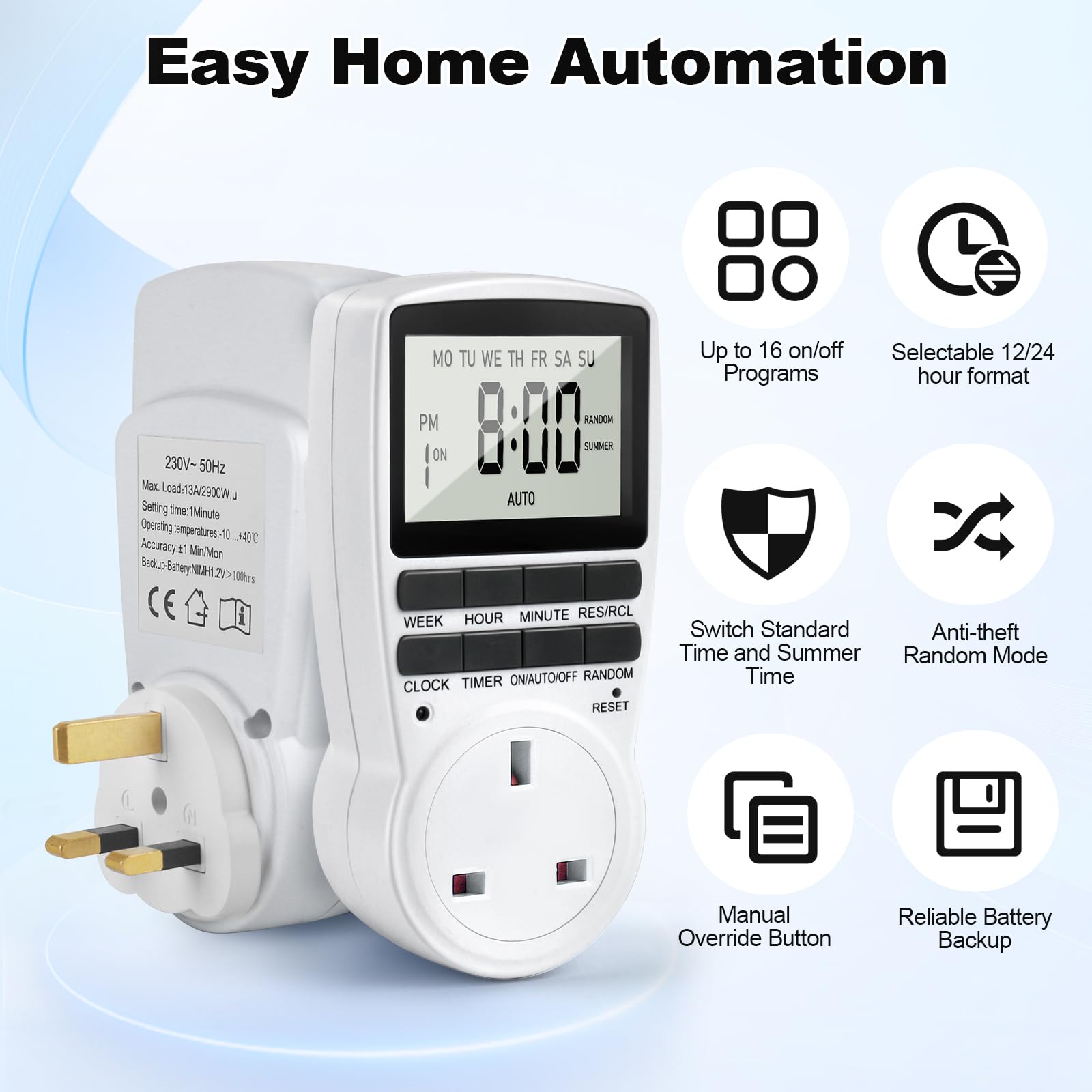 Digital Timer Plug Socket UK, 24h-Week Socket Timer Switch With 16 On-Off Programme LCD Display - Image 2