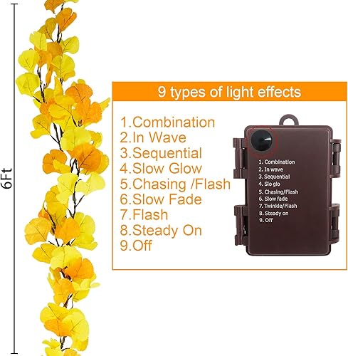 Miniatura 6 de 1.8M 6FT Lighted Fall Garland Battery Operated Fall Vine Garland with Lights Timer & 100 LEDs & 8 Flashing Lights for Autumn Home Mantel Fireplace