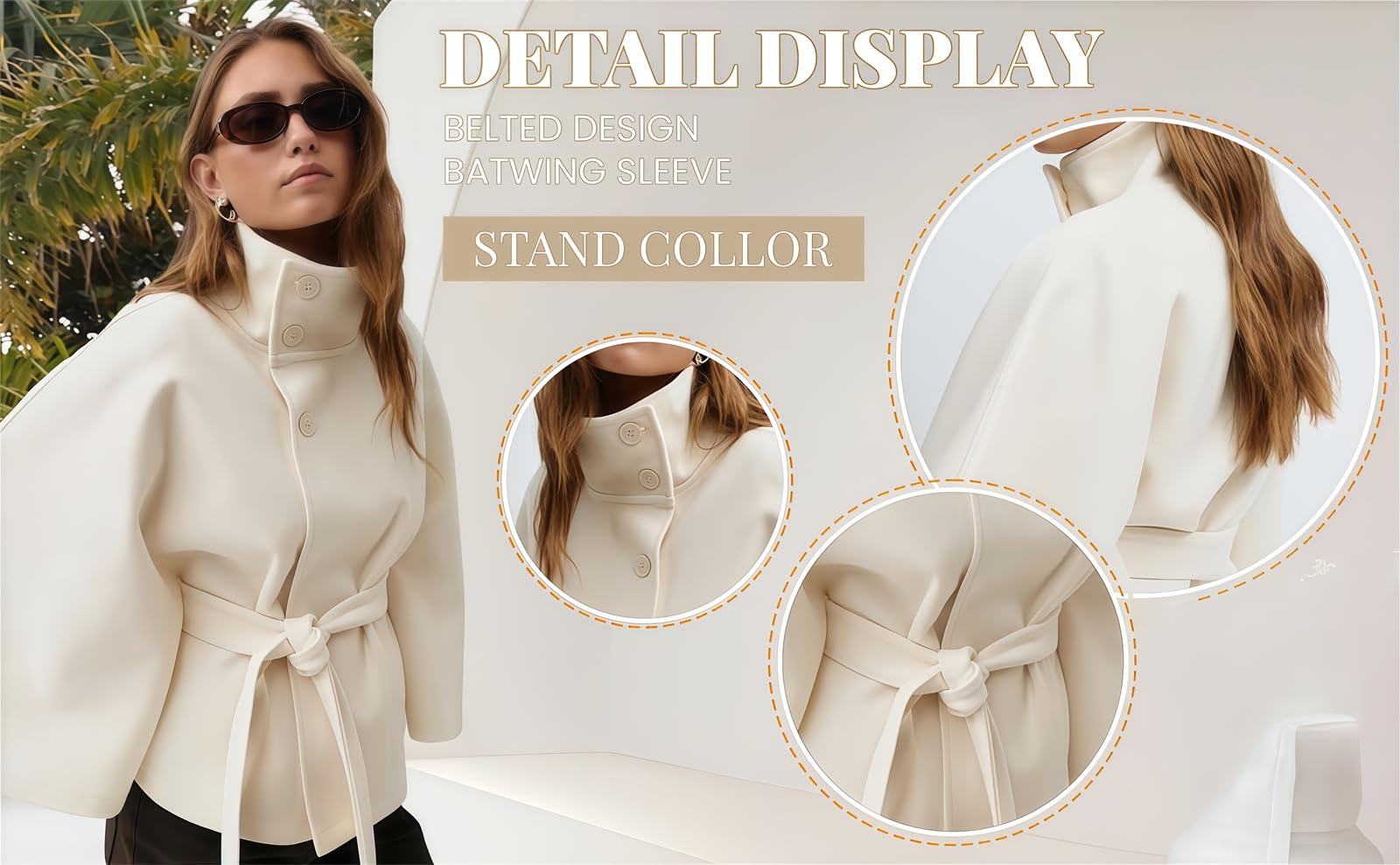 Generisch Poncho De Mujer Con Mangas De Murciélago, Caban Chaqueta Con Cuello Alto Y Cinturón Capa Abrigo Chaqueta, Capa Otoño-Invierno Bufanda Ropa Exterior