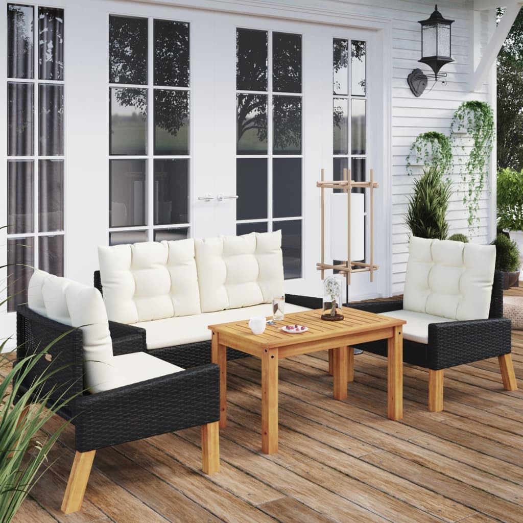 Juego de 4 sillas de jardín de ratán sintético y madera de acacia maciza, con mesa, 2 sillones y banco para terraza y balcón, incluye cojines