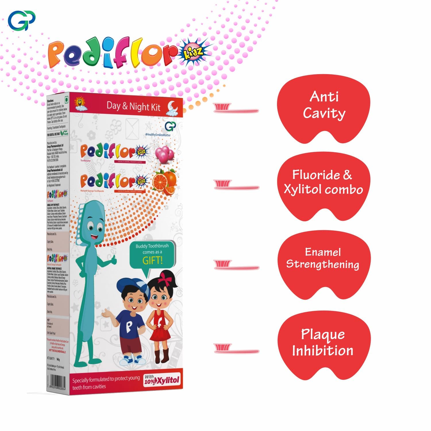 Pediflor Kidz Day & Night Anticavity Bubble Gum and Green Apple Flavor (70g ea pack of 1) Toothpaste for kids, and Glodent Teeth Whitening toothpaste (70g x 1) Complete Oral Care (combo pack) 3