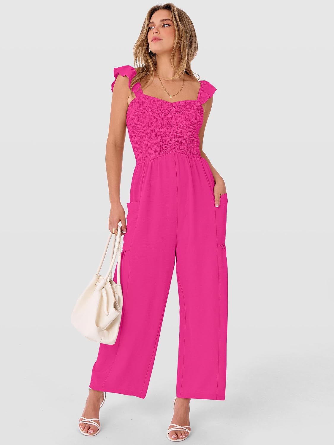 ANRABESS Jumpsuits for Women Dressy One Piece Summer Outfits Wide Leg Sleeveless Smocked Romper Jumpers Casual Beach Overalls