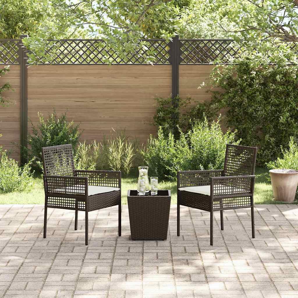 Set da bistrò in polyrattan, 3 pezzi, marrone, con piano in vetro di sicurezza e braccioli, per giardino, terrazza o patio