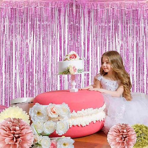 Miniatura 4 de BEISHIDA 4 cortinas rosadas de oropel para puerta, telón de fondo de pared con flecos, fondo de pared para cumpleaños, Navidad, boda, Barbie, niñas,