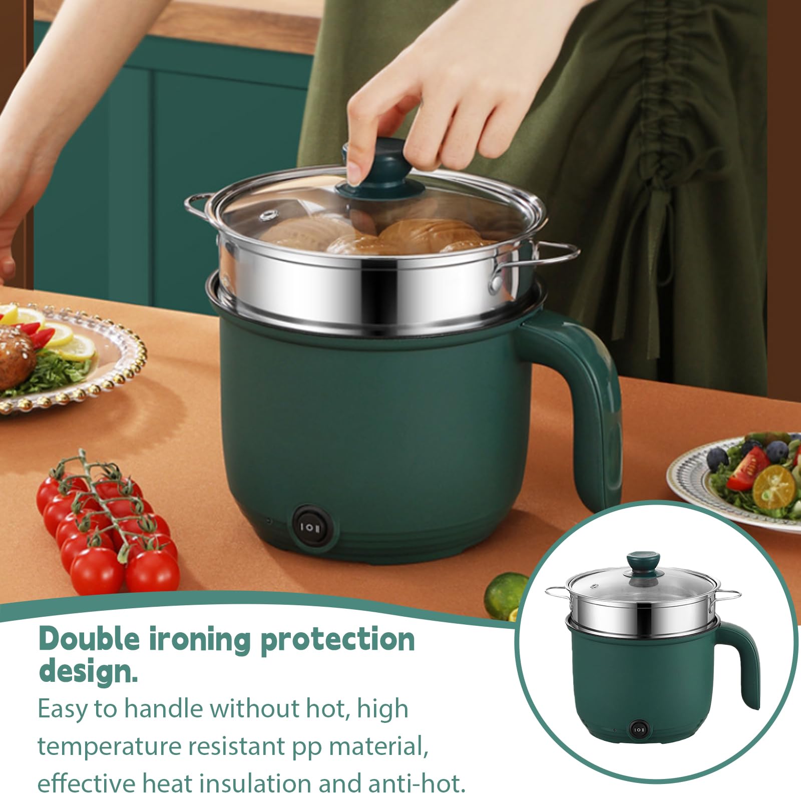 Hot Pot elettrico con piroscafo, mini portatile antiaderente multicooker, pentola elettrica multiuso padella elettrica elettrica elettrica per bistecca/pasta/zuppa/uovo/avena
