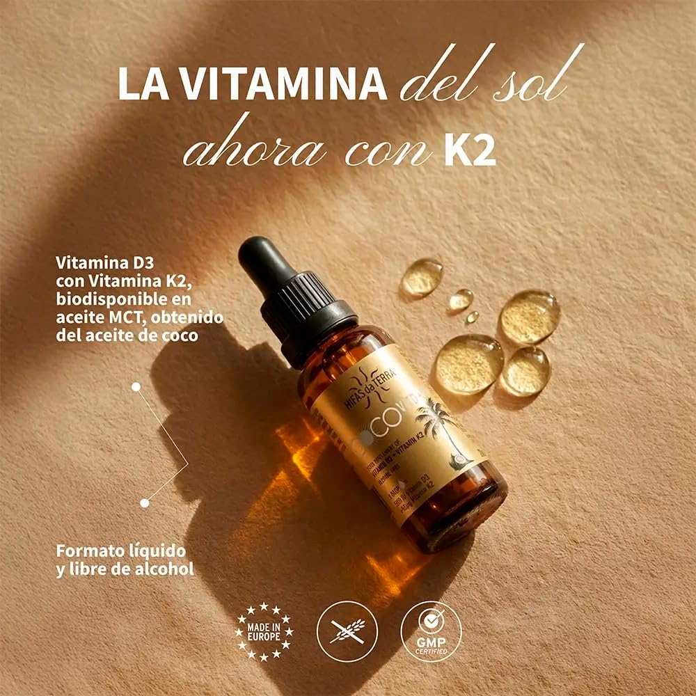 HIFAS DA TERRA CocoVit D + K2 Líquido - 500 UI Vitamina D3 + 50 µg Vitamina K2 por gota - Suplemento en aceite MCT de coco - Apoyo al Sistema Inmunitario y Estado de Ánimo - Formato con gotero, 20 ml