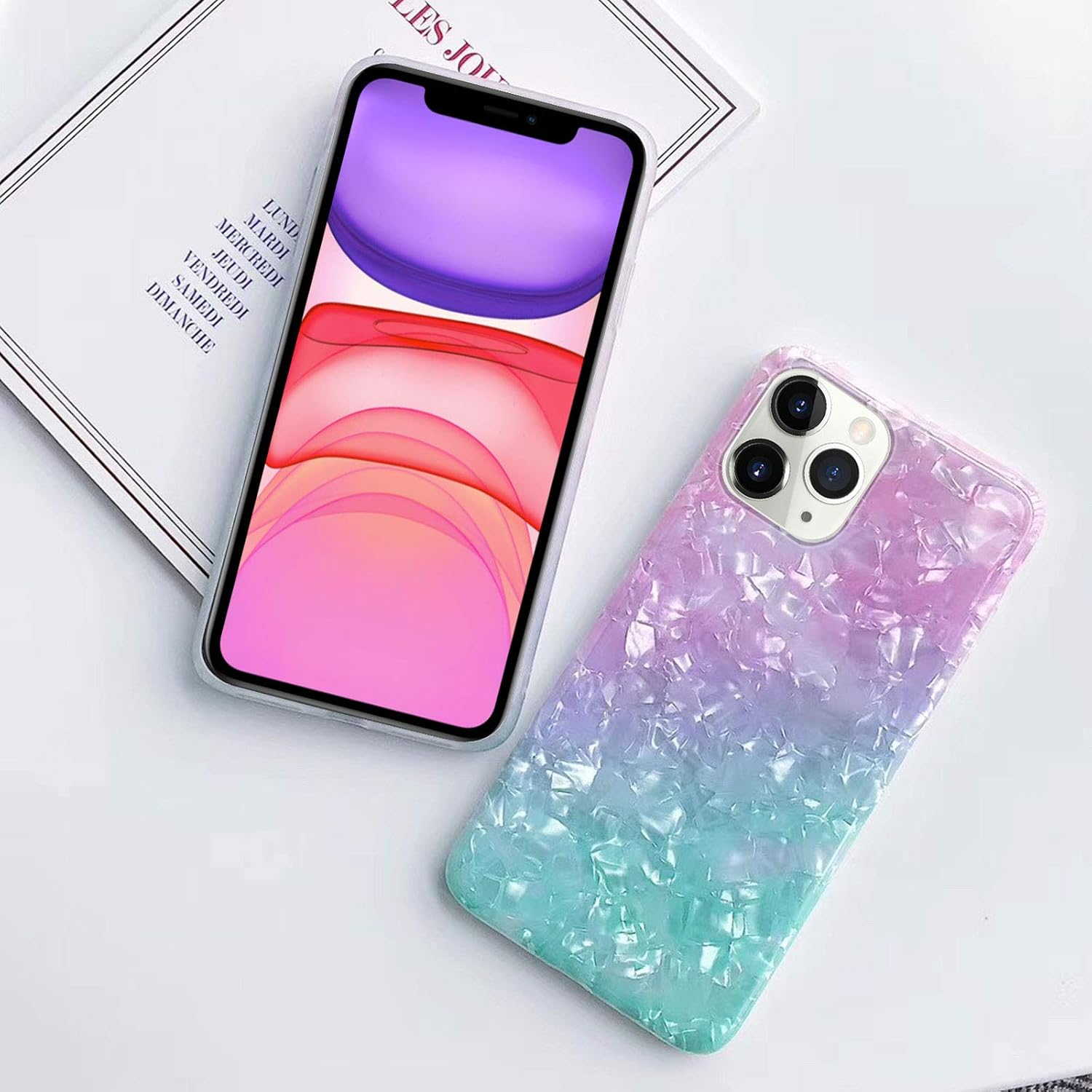 J.west Case for iPhone 11 Pro 5.8 inch, Luxury Sparkle Shiny Cute Translucent Clear Gradient Color Print Soft Silicone Phone Case Cover for Girls Women Pattern Design Protective Case Pink Teal