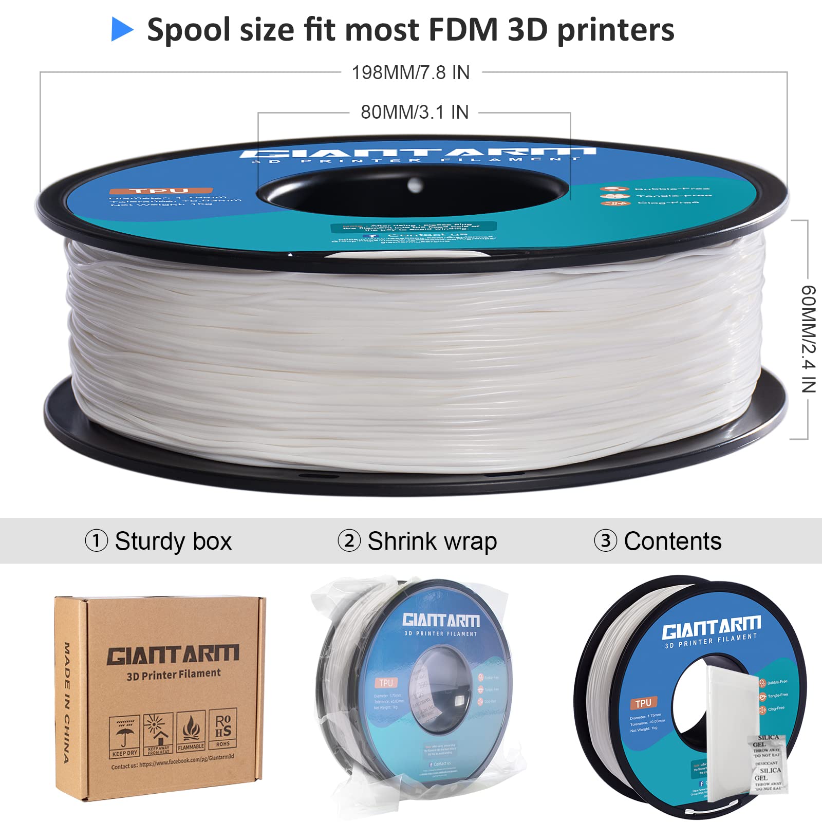 GIANTARM Filament TPU souple 1,75 mm consommables pour imprimante 3D Blanc 95 A Bobine de 1 kg Précision dimensionnelle +/- 0,05 mm