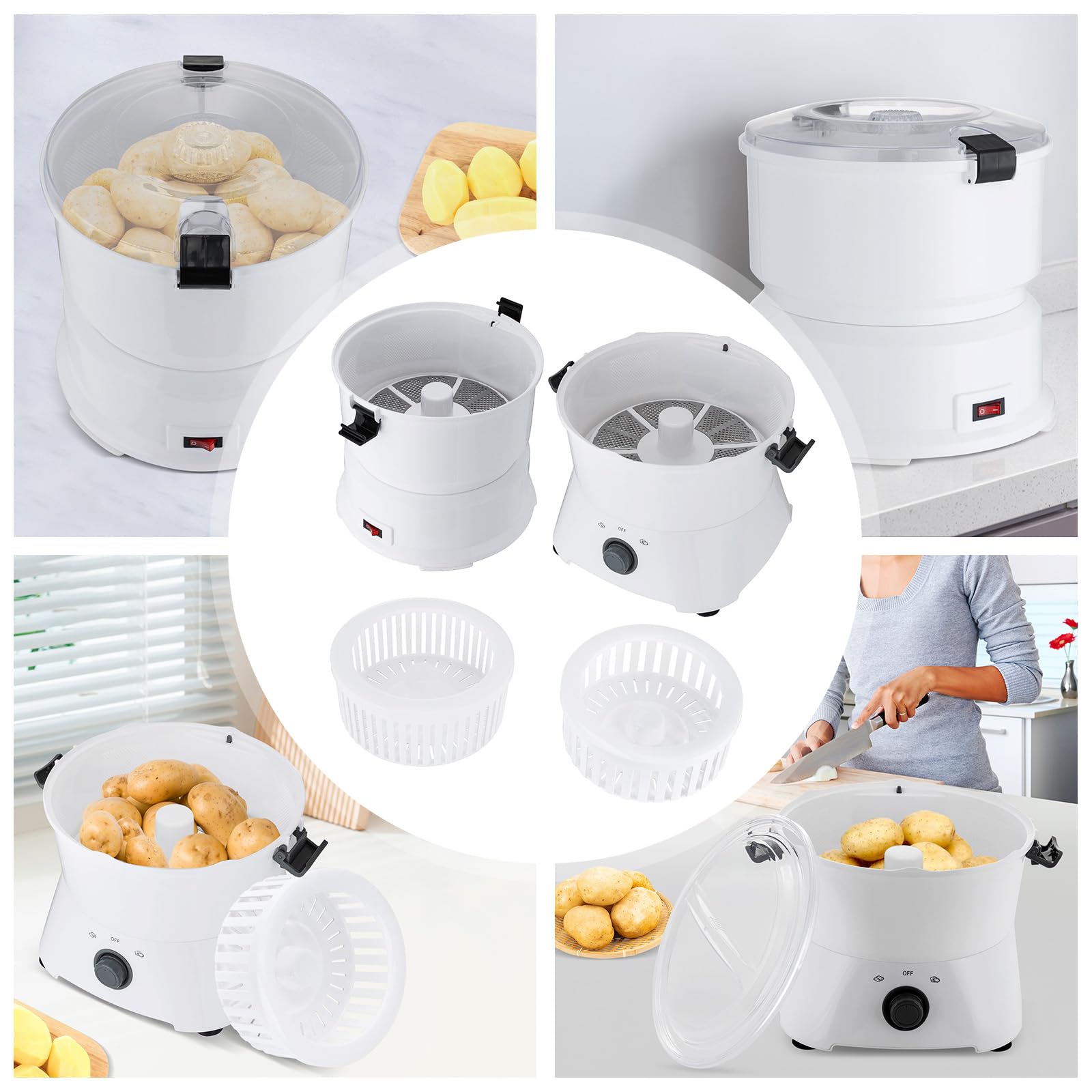 Pelapatate elettrico, pelapatate, 85 W, grande capacità 0,8 kg, veloce, 2 – 4 minuti, in acciaio inox 430, coperchio trasparente, antiscivolo, ideale da cucina, ristorante, 25,5 × 27 cm