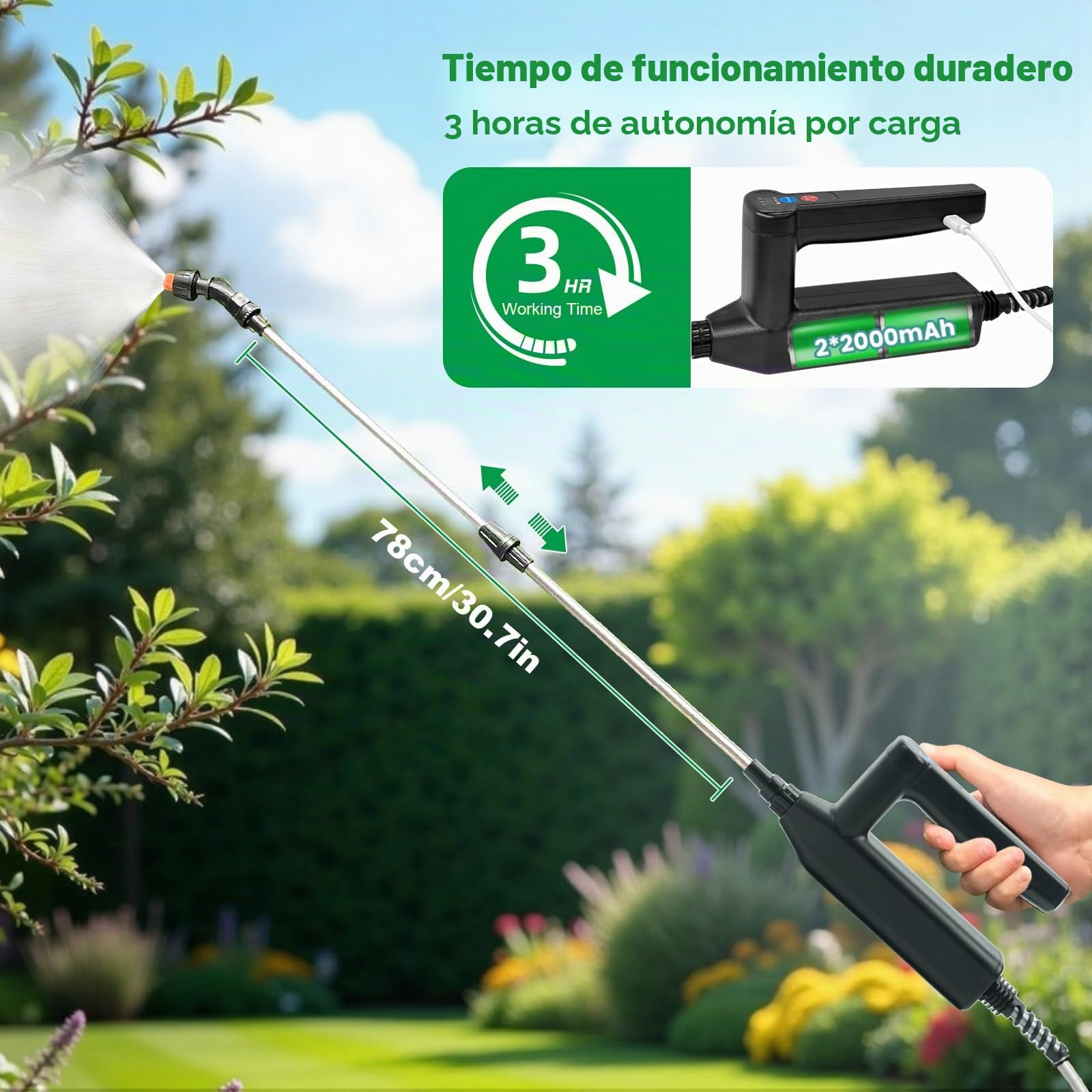 SYLSTAR Pulverizador 5 litros, 3 Velocidades Pulverizador Electrico con 3 Boquillas, 7.4V Sulfatadora Electrica a Bateria Recargable, Fumigadora Pulverizador Portátil para Jardín Huerto Riego (Verde)