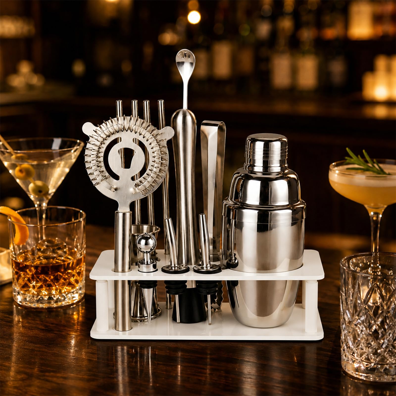 Lot de 14 shaker à cocktail de 550 ml avec support, accessoires de bar, kit cadeau de barman, shaker à cocktail avec outils de bar importants, shaker en acier inoxydable pour fête (blanc)