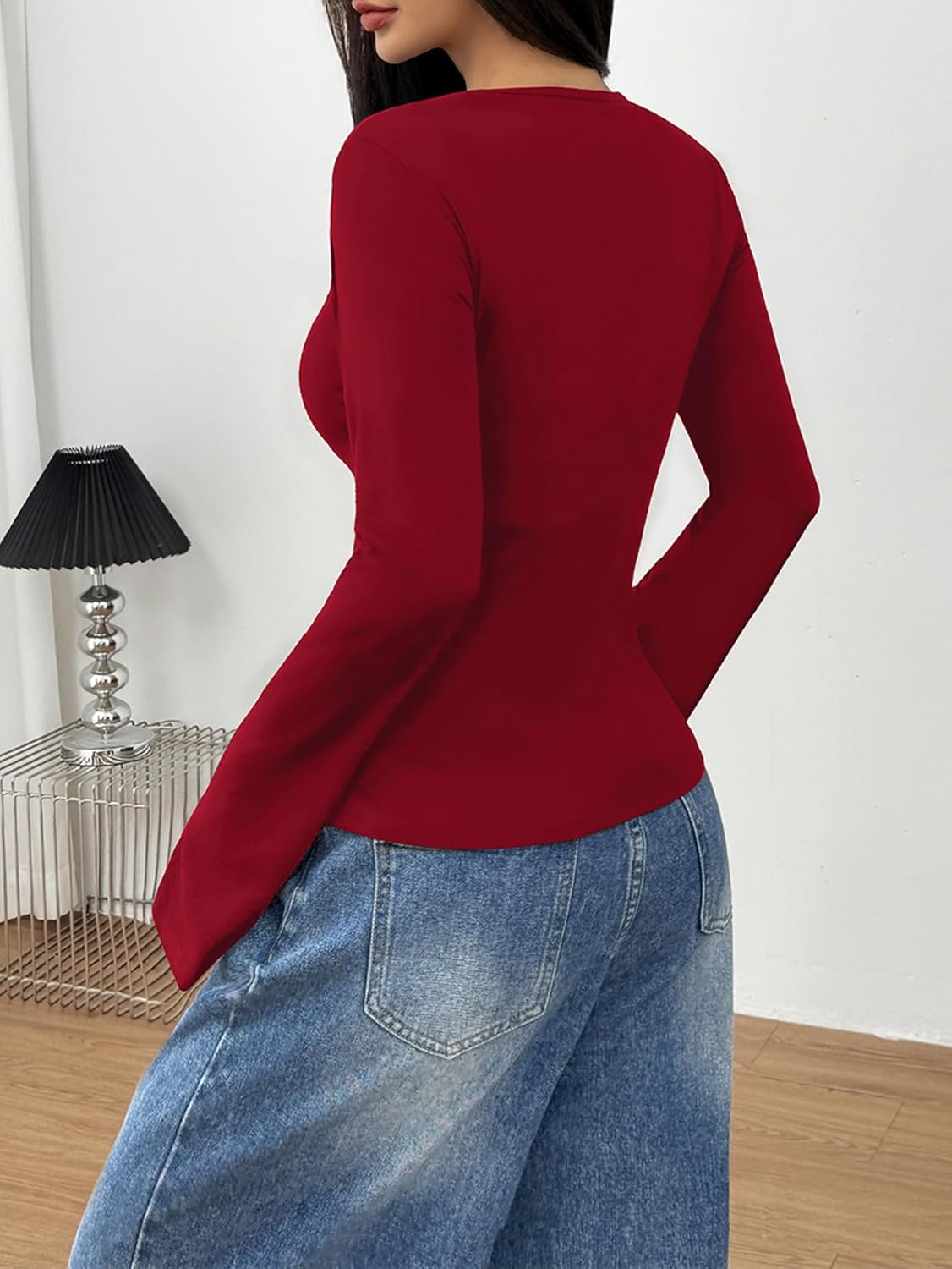 Women's Cut Out Long Sleeve Shirts Slim Fit Cropped Crewneck Crop Tops 2025 Fashion Clothes - Image 6