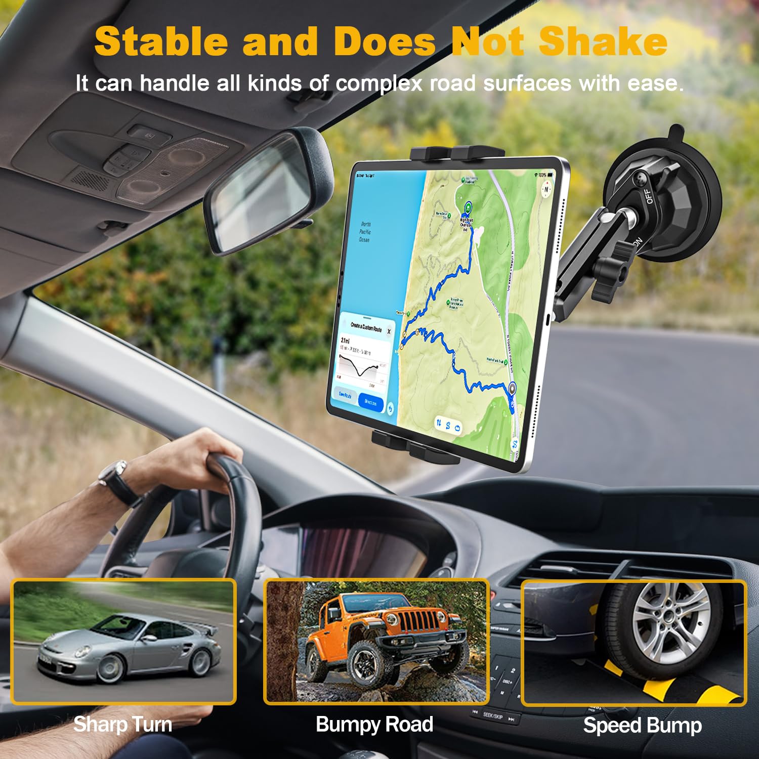 Soporte Tablet Coche con Ventosa Ultra Fuerte - Montaje en Salpicadero y Parabrisas, Metálico Soporte Camión Vehículo Compatible con iPad Pro/Air/Mini, Galaxy Tab/Z Fold, Kindle Fire, Móvils, 4-13"