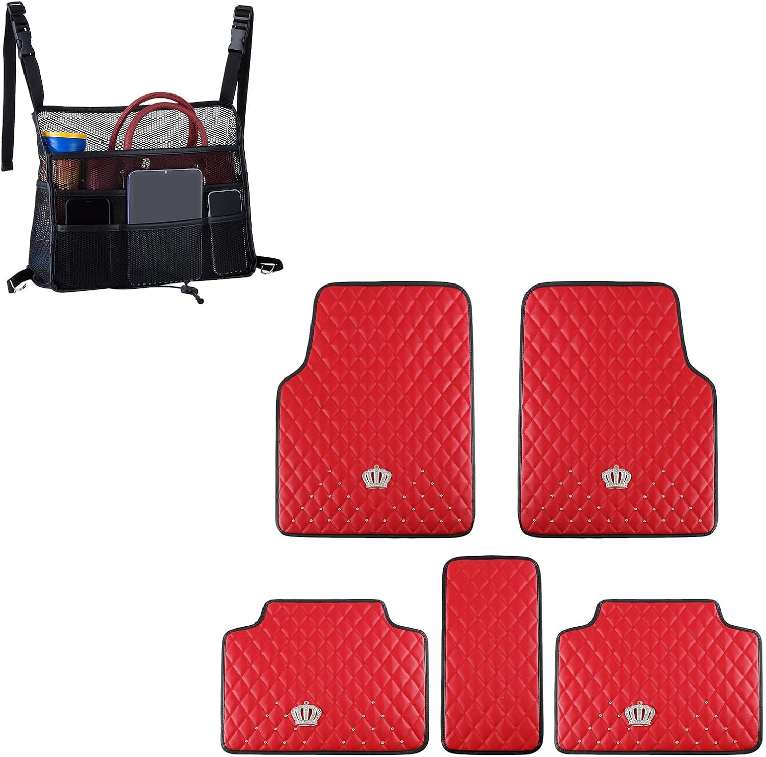 eing Car Seat Back Organizer Large Capacity Storage & Car Pu Leather Floor Mats Red