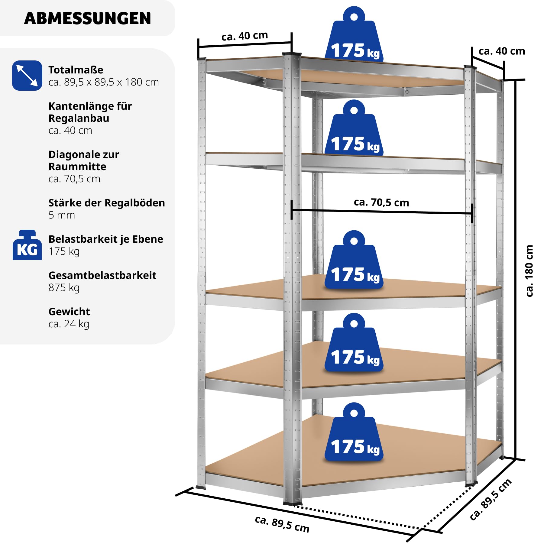 tectake® Werkstattregal, Schwerlastregal Eckregal mit 5 Böden, Metall Lagerregal, Kellerregal, Zubehör für Garage, Organizer für Abstellraum, Steckregal, für Aufbewahrung, Lastenregal - 875 kg