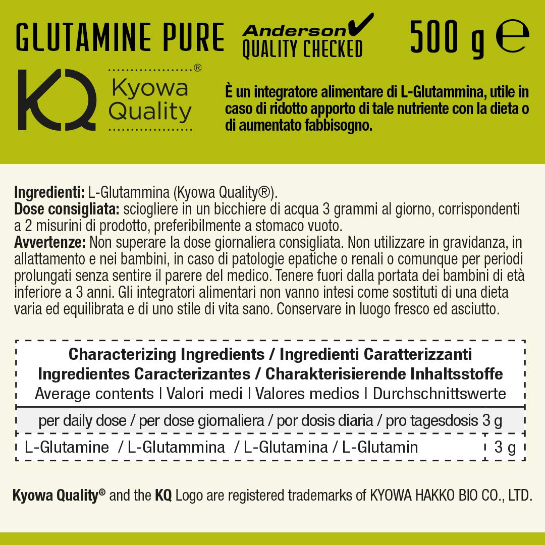 anderson L-Glutammina Pura vegetale in polvere, kyowa quality®, favorisce l'idratazione muscolare, absolute series GLUTAMINE PURE – made in italy
