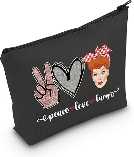 POFULL Regalo inspirado en programas de televisión Lucy Fan Gift Peace Love Lucy Maquillaje Bolsa con cremallera para mujer, Bolso negro peace love