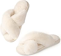 Ankis Women's Fuzzy Cross Band Slippers with Memory Foam - Plush Furry Open Toe Cozy House Slippers Indoor Outdoor