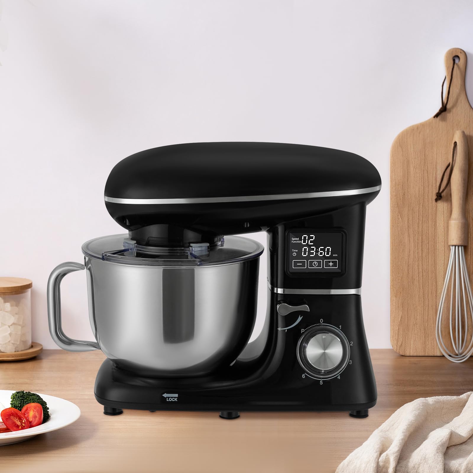 Robot kuchenny 1500 W z wyświetlaczem LCD, wielofunkcyjny robot kuchenny z prędkością 6 + 1, mikser 6,2 l, w zestawie trzepaczka do jajek, ubijak i hak do zagniatania, urządzenie do mieszania z
