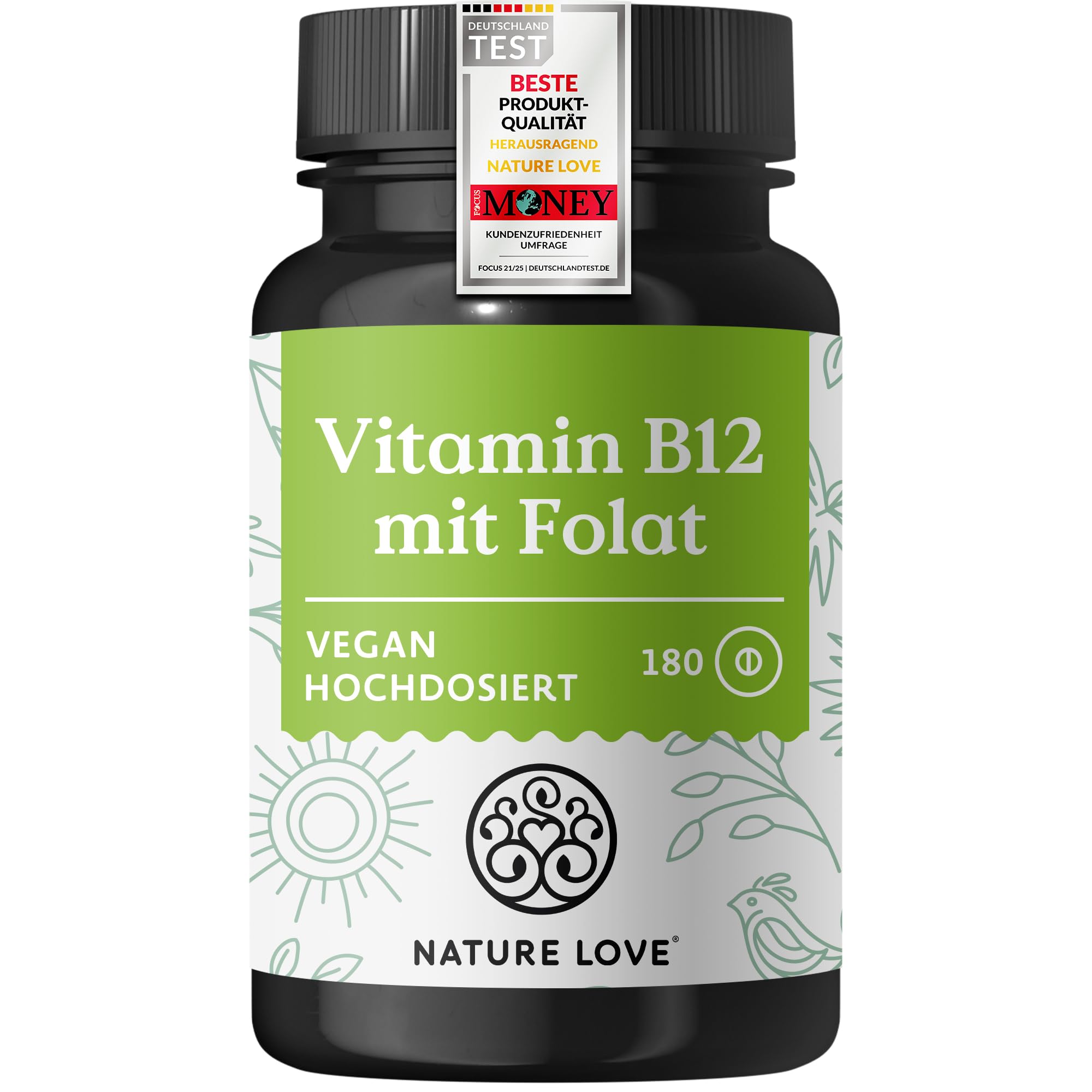 NATURE LOVE® Vitamin B12 Vegan - 500 µg pro Tagesdosis - 180 Tabletten - Beide aktive Formen Adenosyl- & Methylcobalamin + Depot + Folat 5-MTHF aus Quatrefolic® - Hochdosiert und laborgeprüft