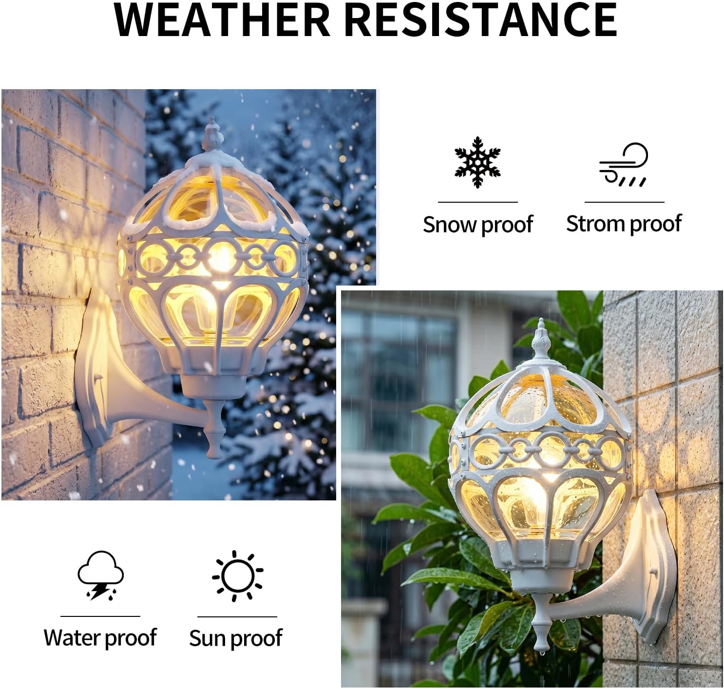 2 Pack White Globe Outdoor Wall Lights, Round Exterior Wall Sconce for Patio, Porch, Entryway, Anti-Rust Aluminum Wall Mount Lighting Fixture, Outside Wall Lantern with Amber Glass & Ornate Cage