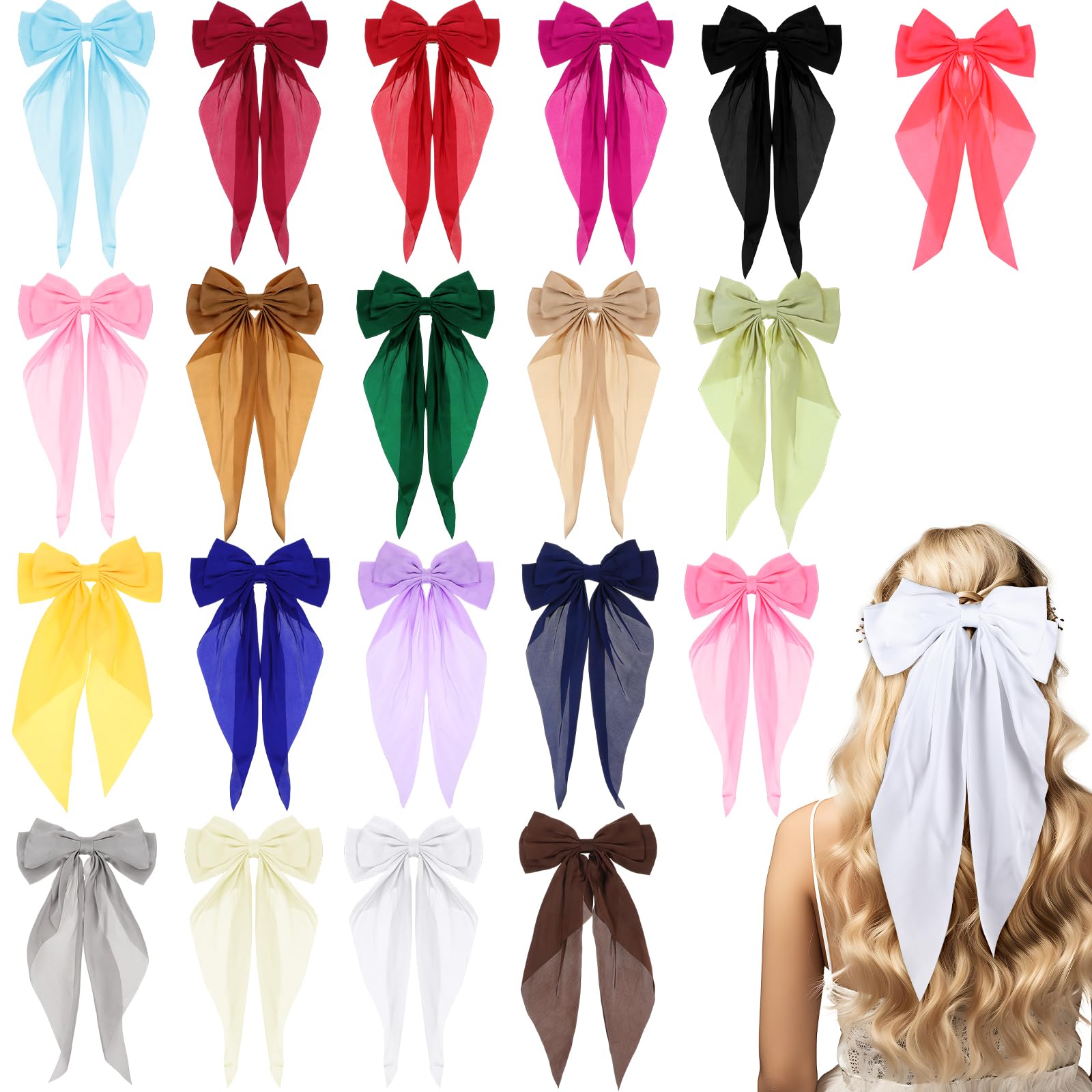 WLLHYF Lot de 20 nœuds à cheveux en satin pour femme avec longues queues en ruban - Pinces à cheveux douces et soyeuses - Accessoires de cheveux français vintage pour fille et princesse