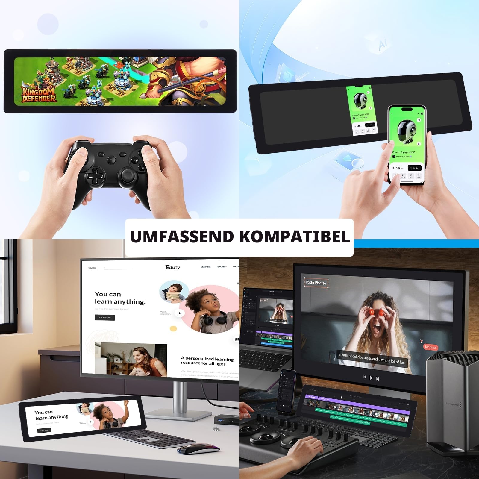 GeeekPi 11,26 Zoll kapazitiver Touchscreen für Raspberry Pi 5, HDMI IPS LCD Monitor 1920X440 für Raspberry Pi 4B/3B+/3B, mit Montagelöchern zum Installieren des Pi Board